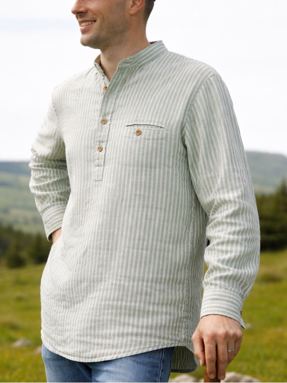 Lee Valley Ireland Cotton Green Striped Grandfather Shirt